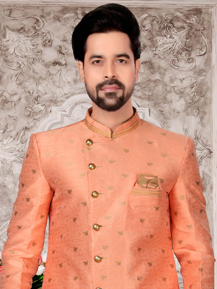 Coral Pink Dupion Silk Embroidered Festival Sherwani