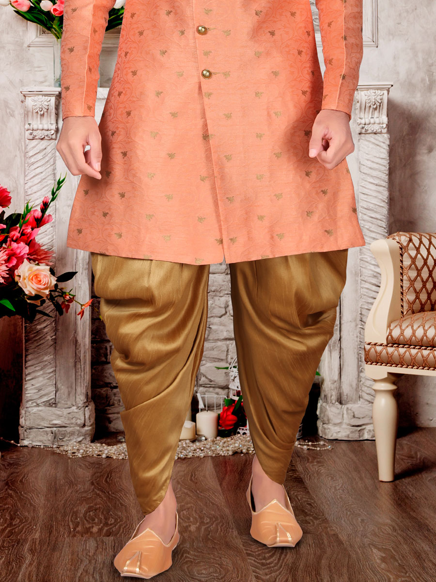 Coral Pink Dupion Silk Embroidered Festival Sherwani