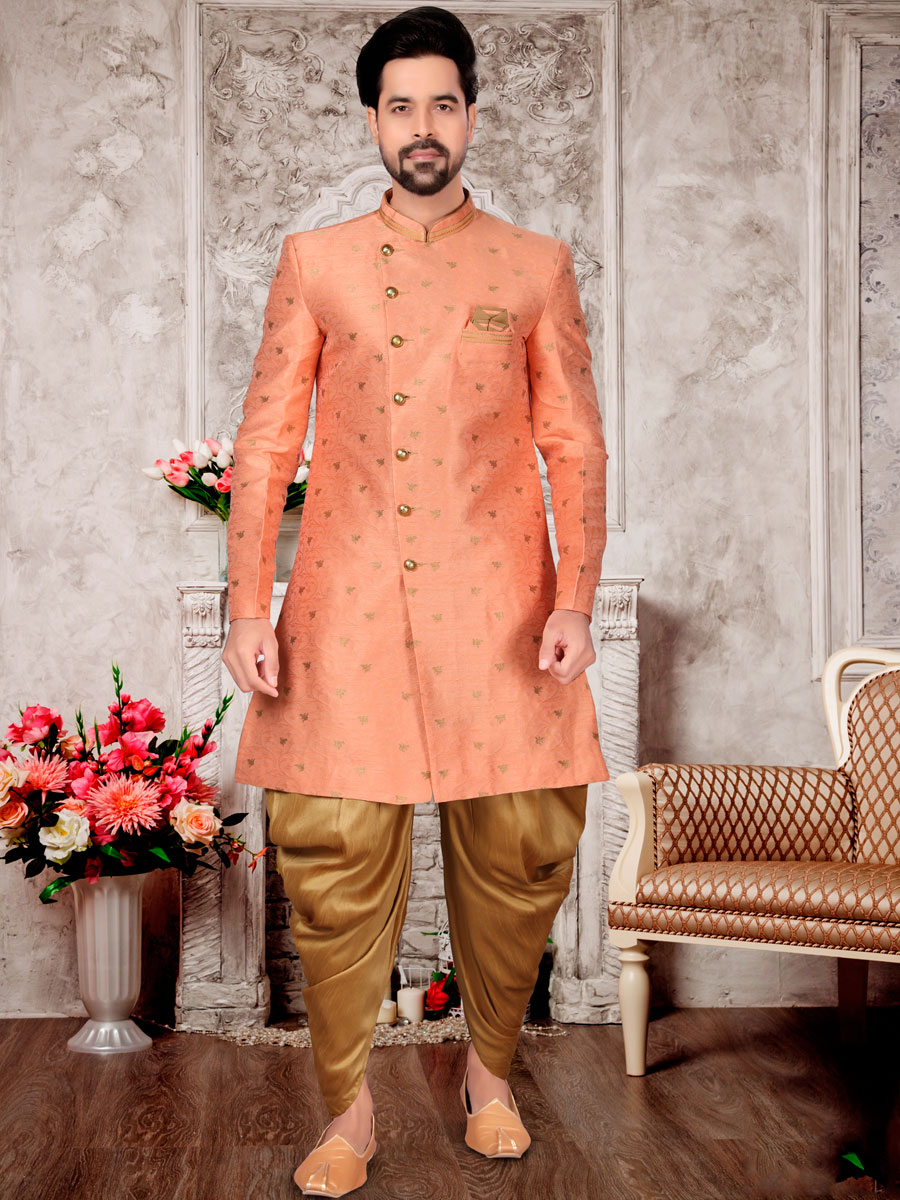 Coral Pink Dupion Silk Embroidered Festival Sherwani