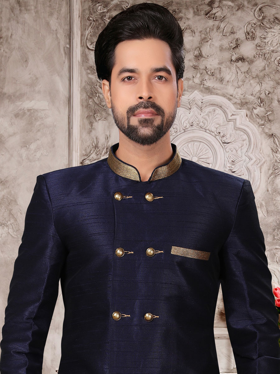 Sapphire Blue Dupion Silk Plain Festival Sherwani