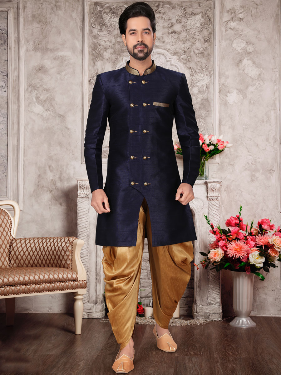 Sapphire Blue Dupion Silk Plain Festival Sherwani