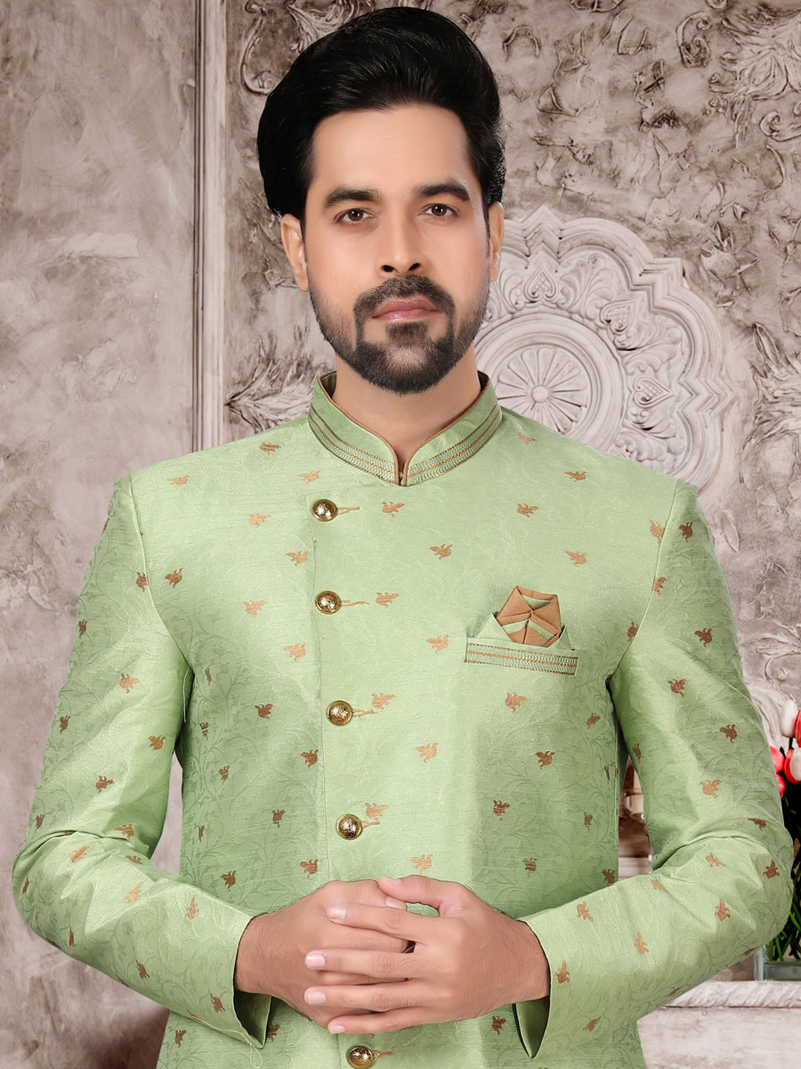 Moss Green Dupion Silk Embroidered Festival Sherwani