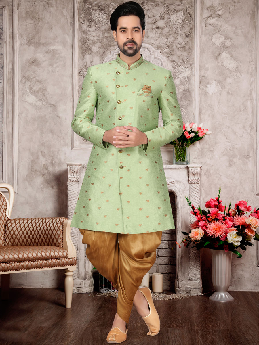 Moss Green Dupion Silk Embroidered Festival Sherwani