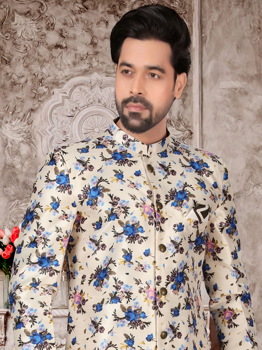 Cream Yellow Dupion Silk Printed Festival Sherwani