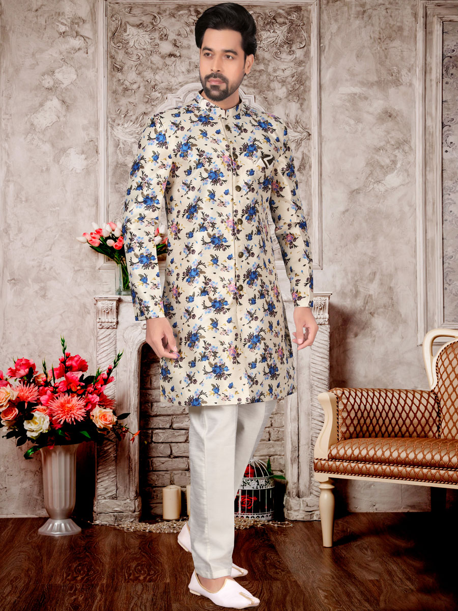 Cream Yellow Dupion Silk Printed Festival Sherwani