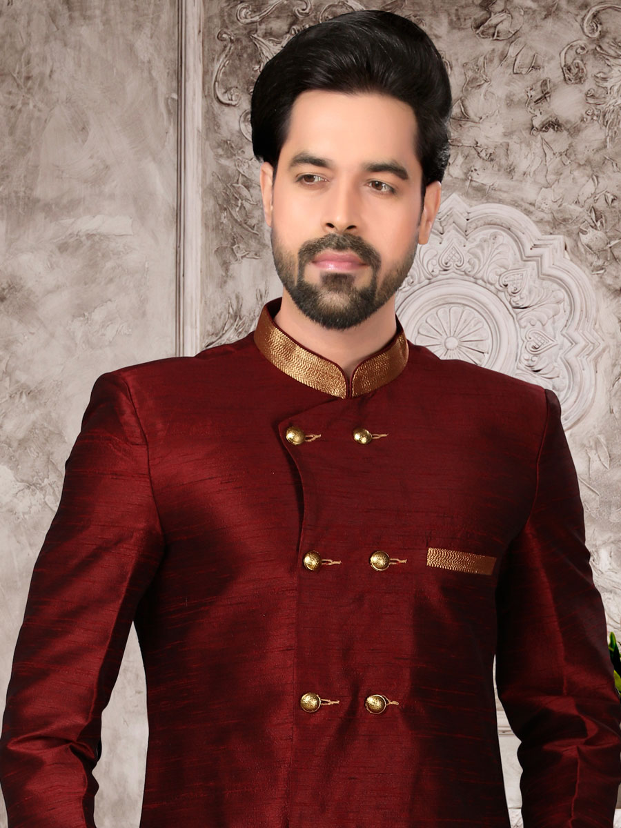 Maroon Dupion Silk Plain Festival Sherwani