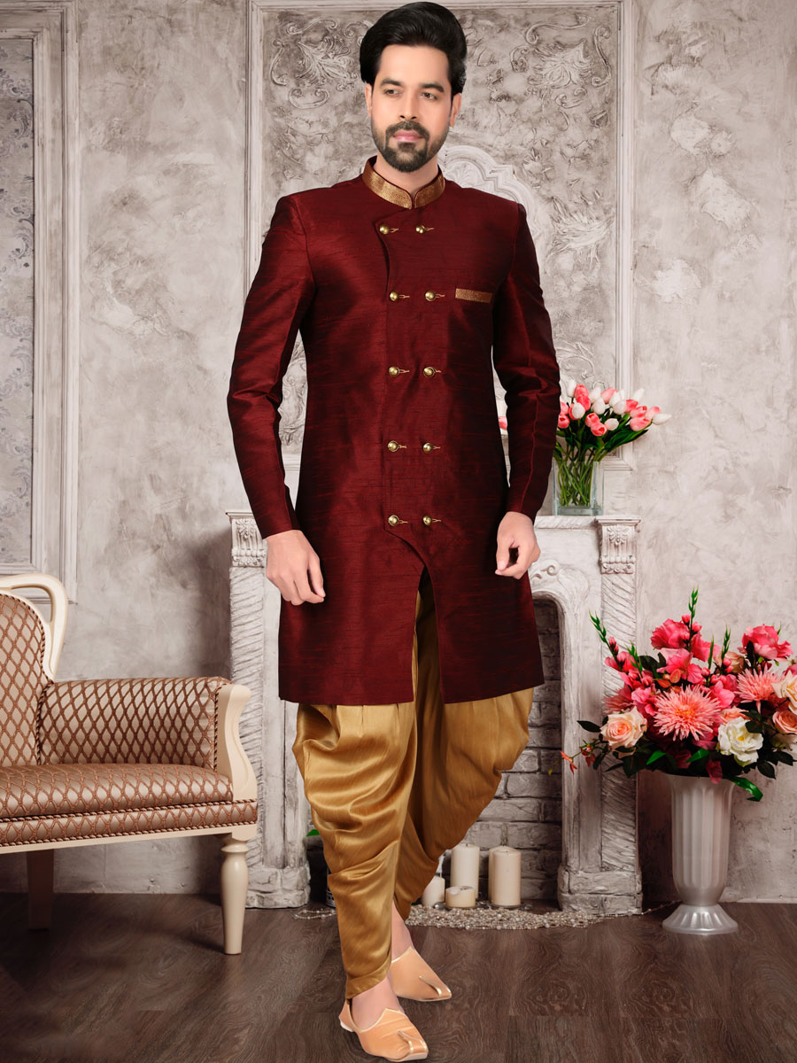 Maroon Dupion Silk Plain Festival Sherwani