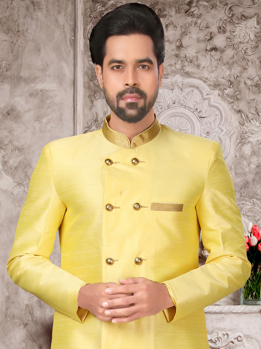 Maize Yellow Dupion Silk Plain Festival Sherwani