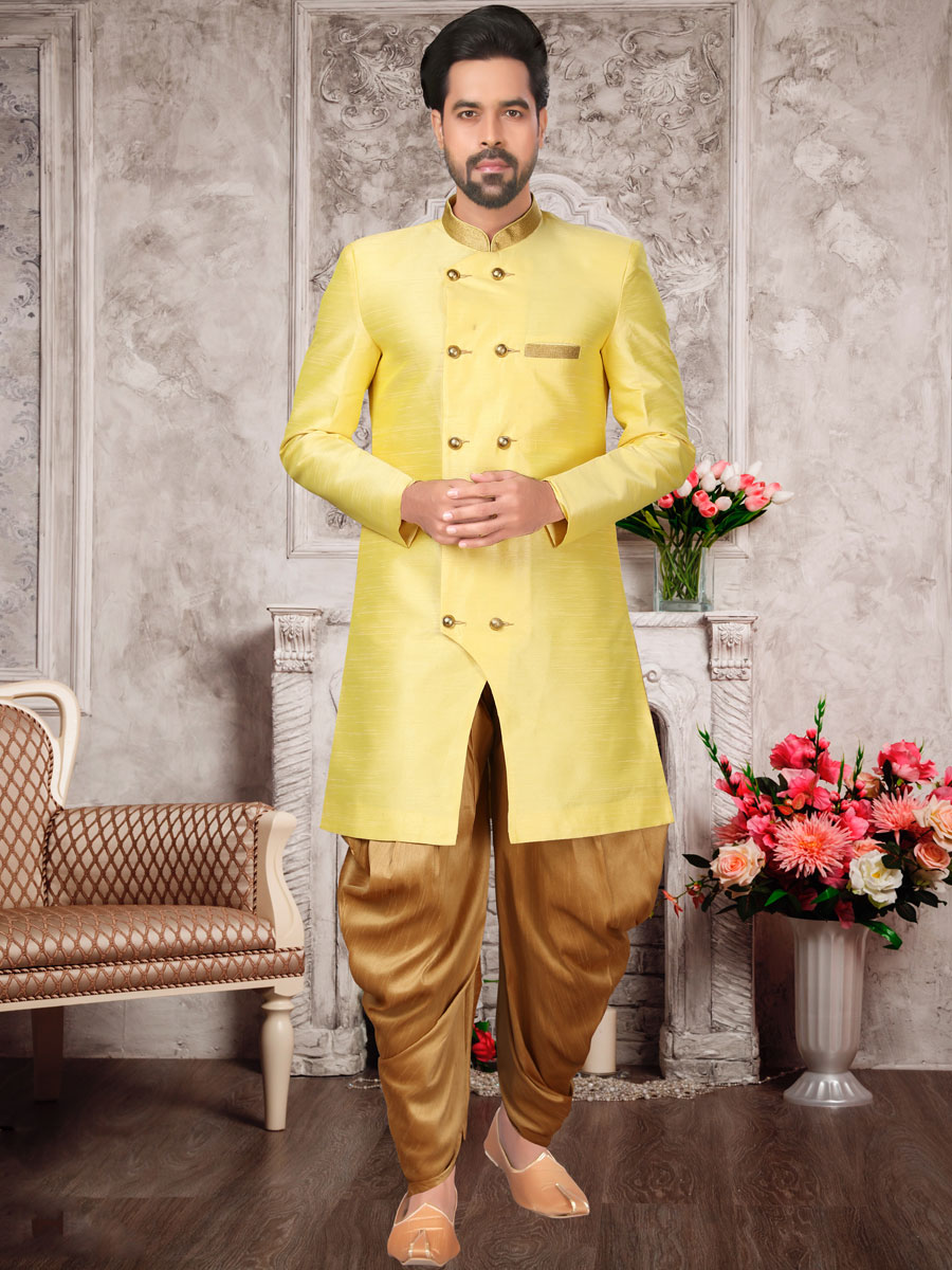 Maize Yellow Dupion Silk Plain Festival Sherwani
