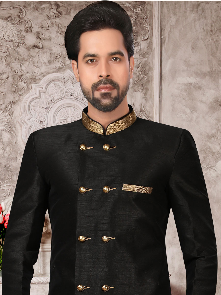 Black Dupion Silk Plain Festival Sherwani