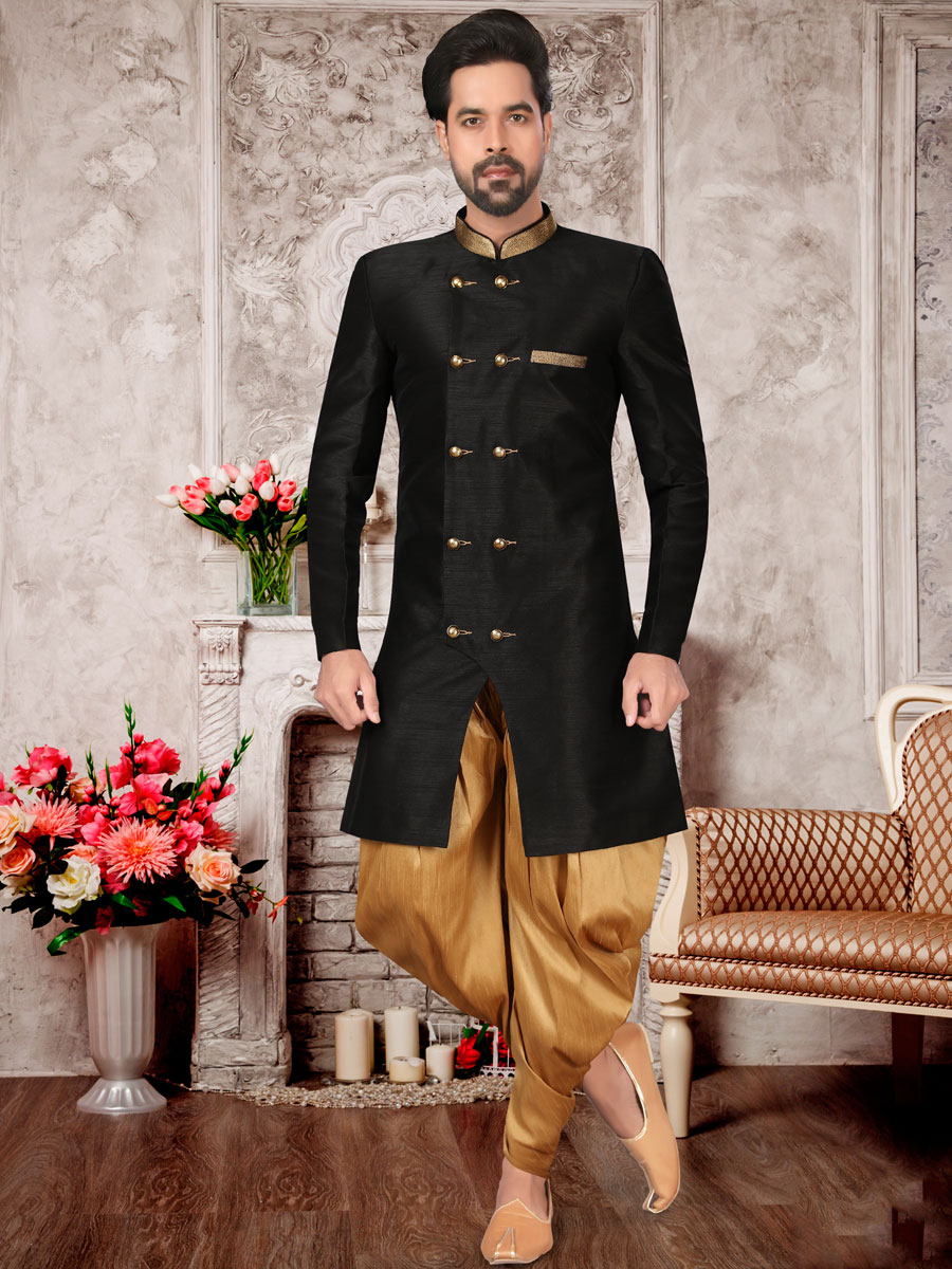 Black Dupion Silk Plain Festival Sherwani
