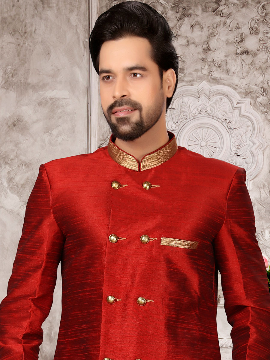 Red Dupion Silk Plain Festival Sherwani