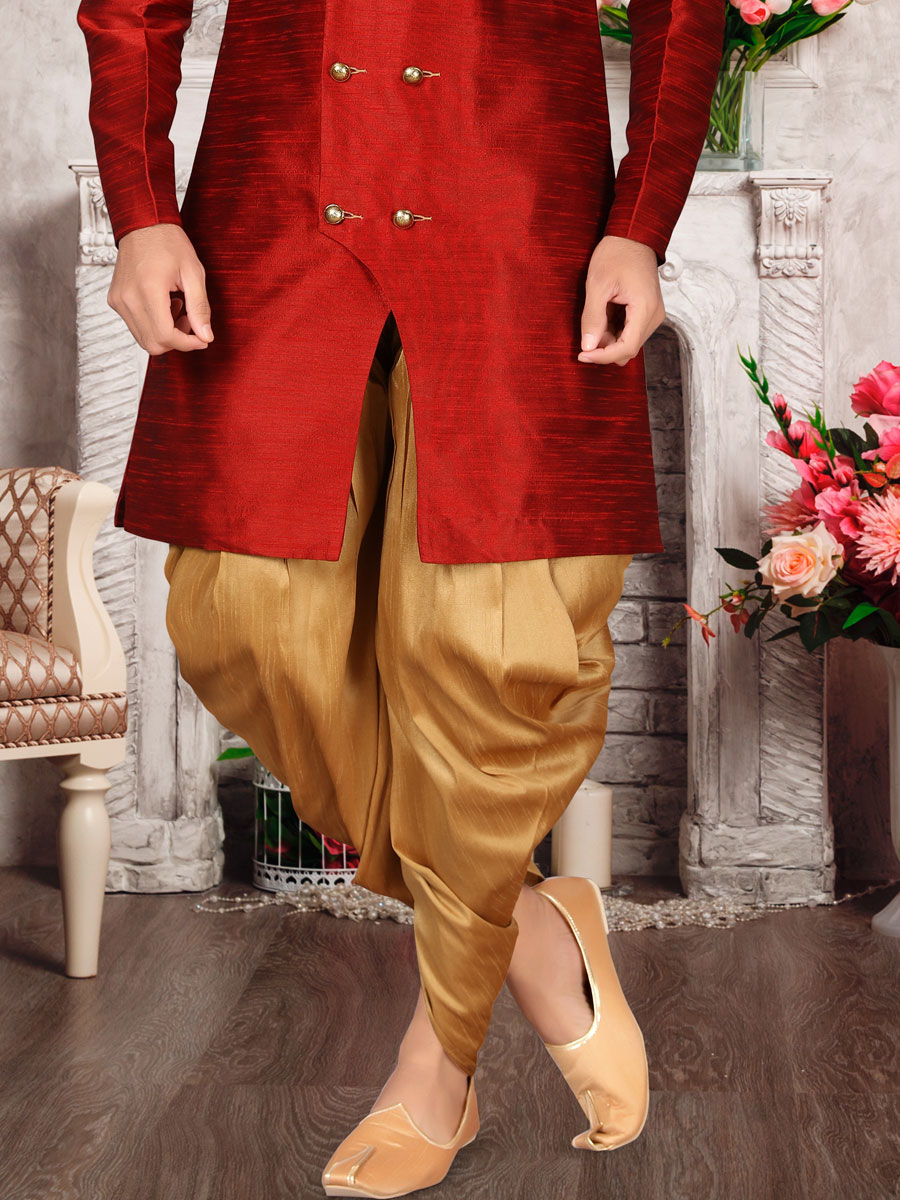 Red Dupion Silk Plain Festival Sherwani