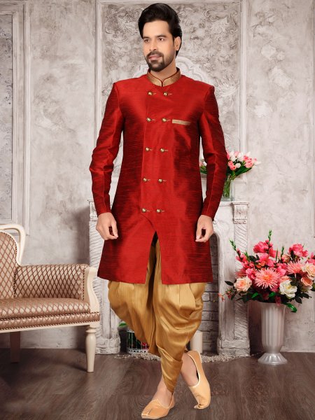 Red Dupion Silk Plain Festival Sherwani