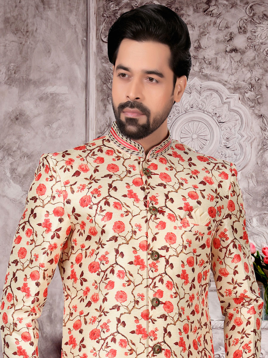 Cream Yellow Dupion Silk Printed Festival Sherwani