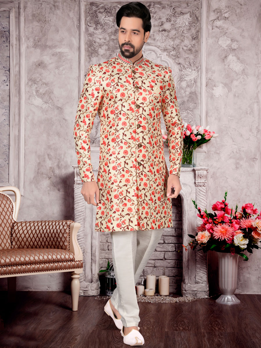 Cream Yellow Dupion Silk Printed Festival Sherwani