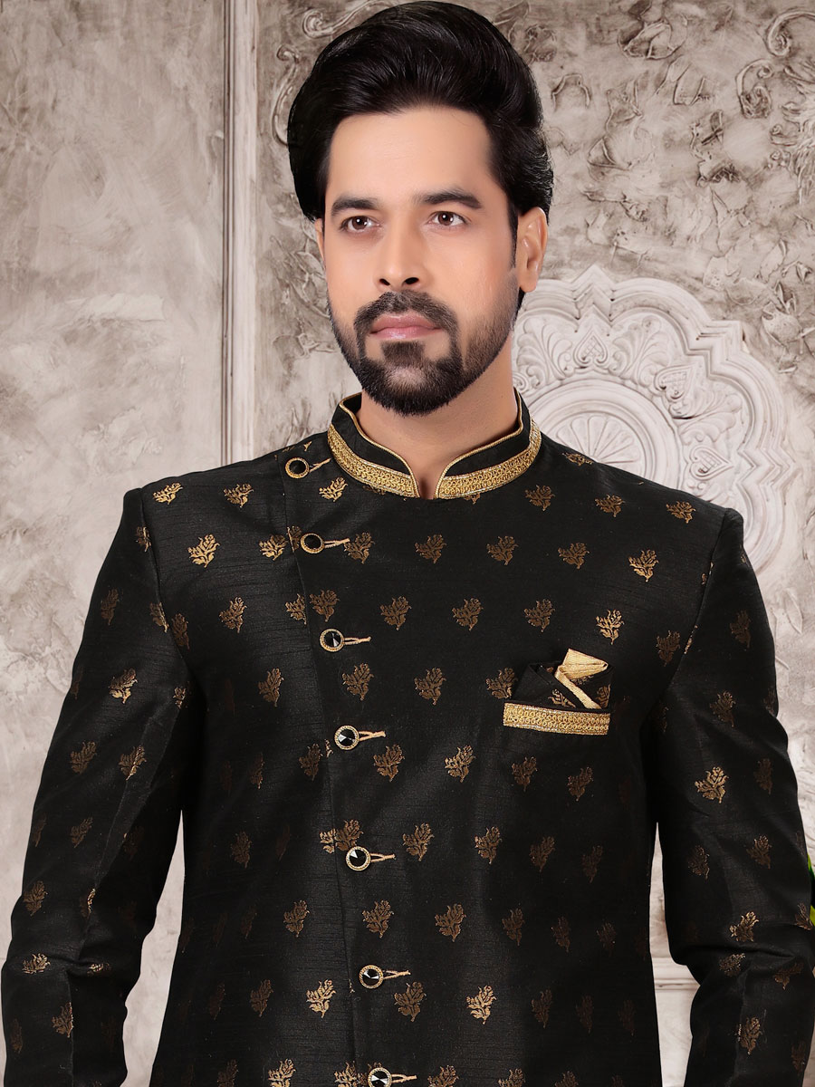 Black Dupion Silk Embroidered Festival Sherwani