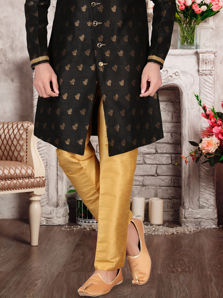 Black Dupion Silk Embroidered Festival Sherwani