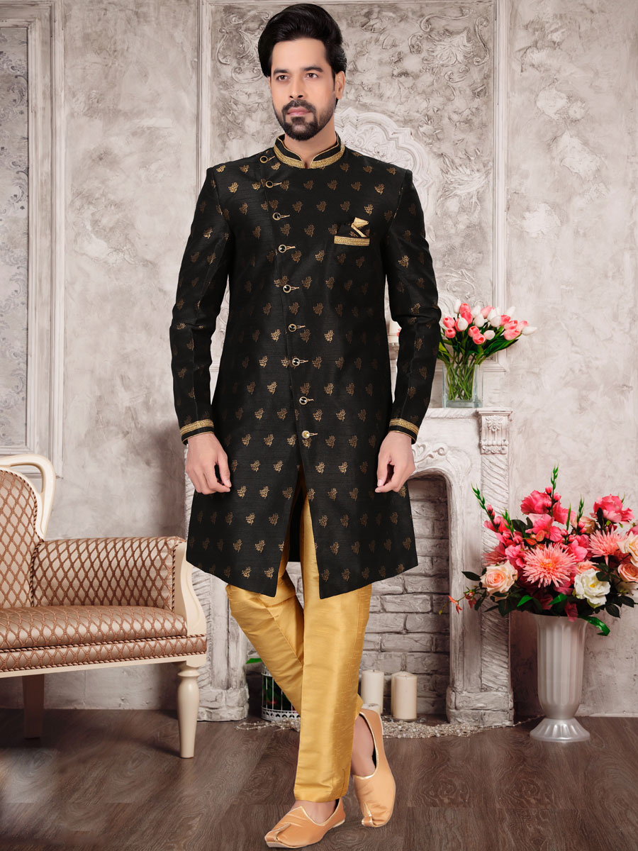 Black Dupion Silk Embroidered Festival Sherwani