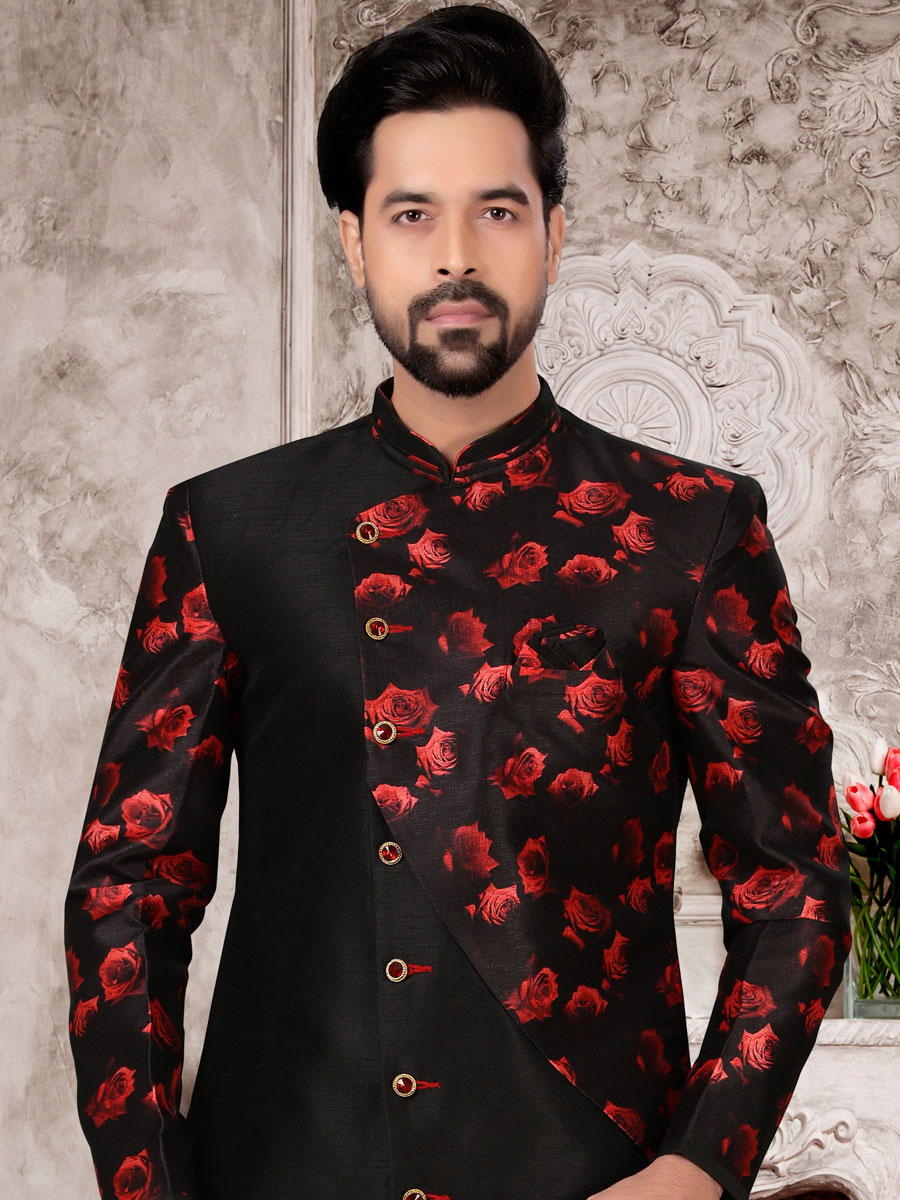 Black Dupion Silk Printed Festival Sherwani