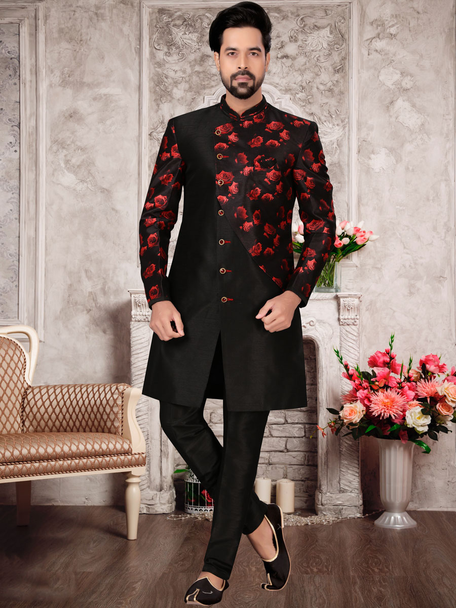 Black Dupion Silk Printed Festival Sherwani