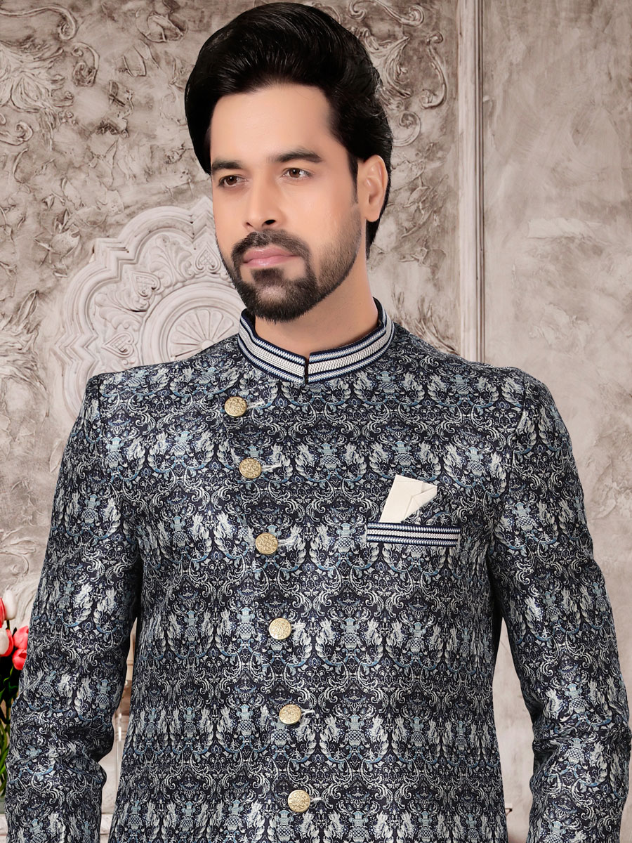 Charcoal Gray Dupion Silk Printed Festival Sherwani