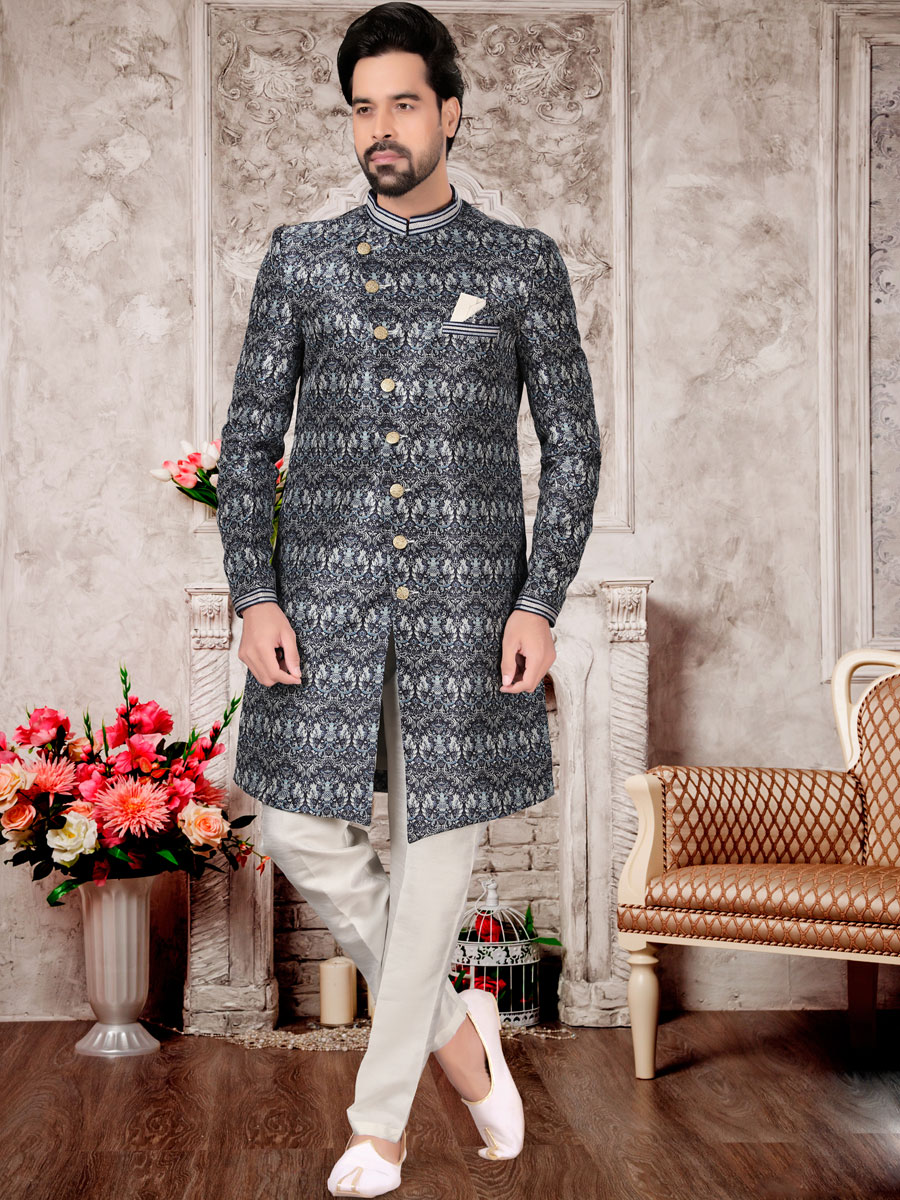 Charcoal Gray Dupion Silk Printed Festival Sherwani