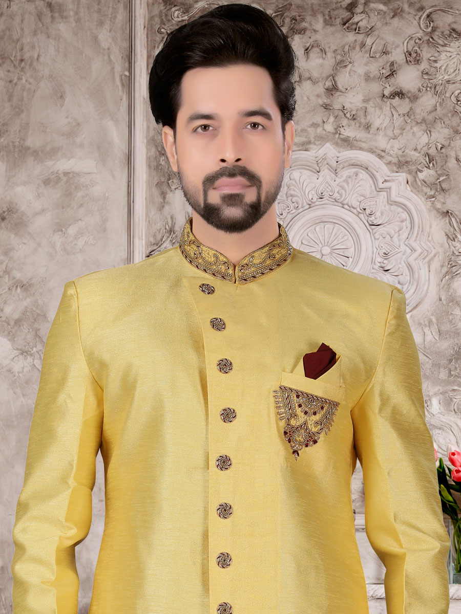 Maize Yellow Dupion Silk Embroidered Festival Sherwani