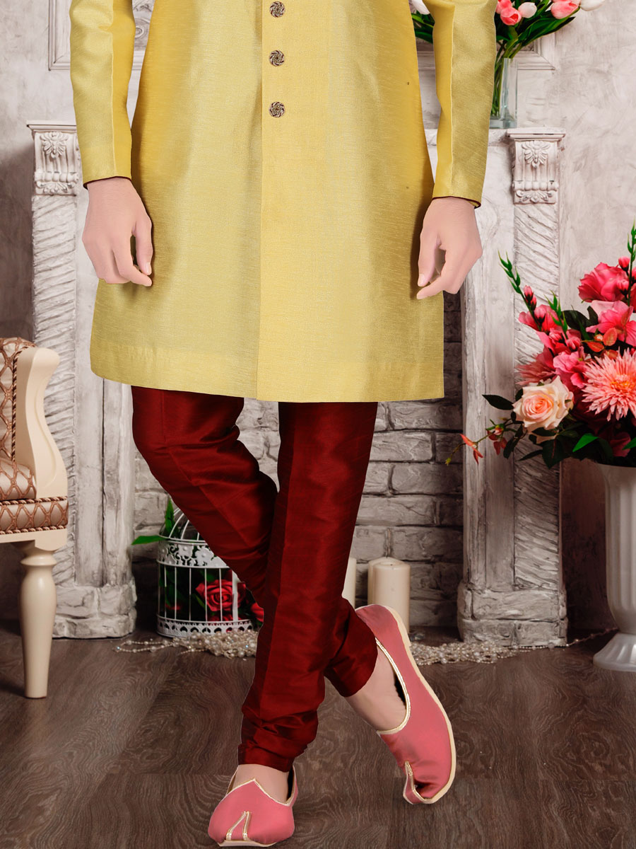 Maize Yellow Dupion Silk Embroidered Festival Sherwani