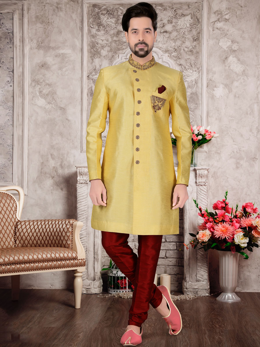 Maize Yellow Dupion Silk Embroidered Festival Sherwani