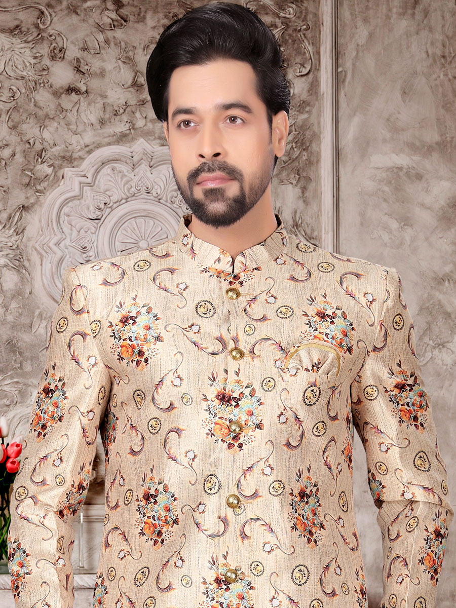 Tan Brown Dupion Silk Printed Festival Sherwani