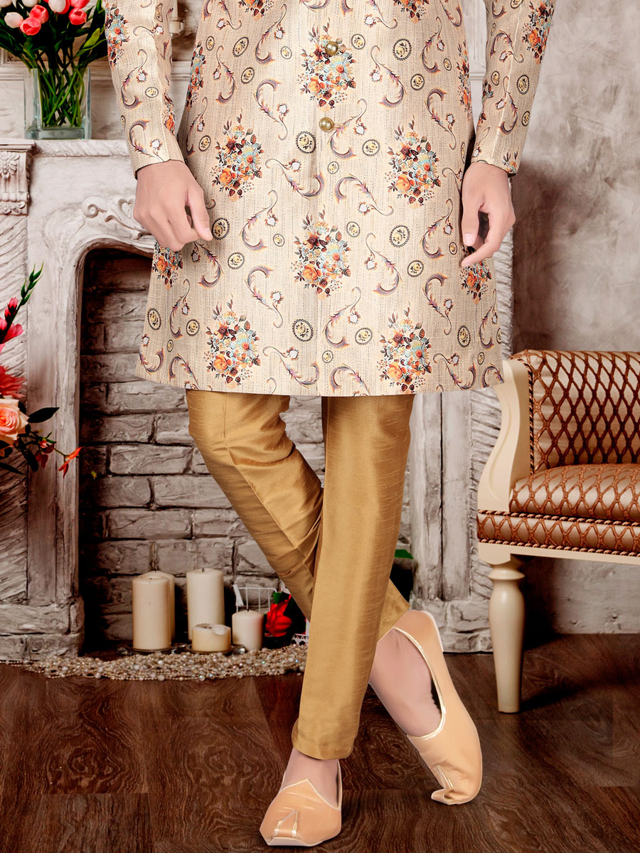 Tan Brown Dupion Silk Printed Festival Sherwani