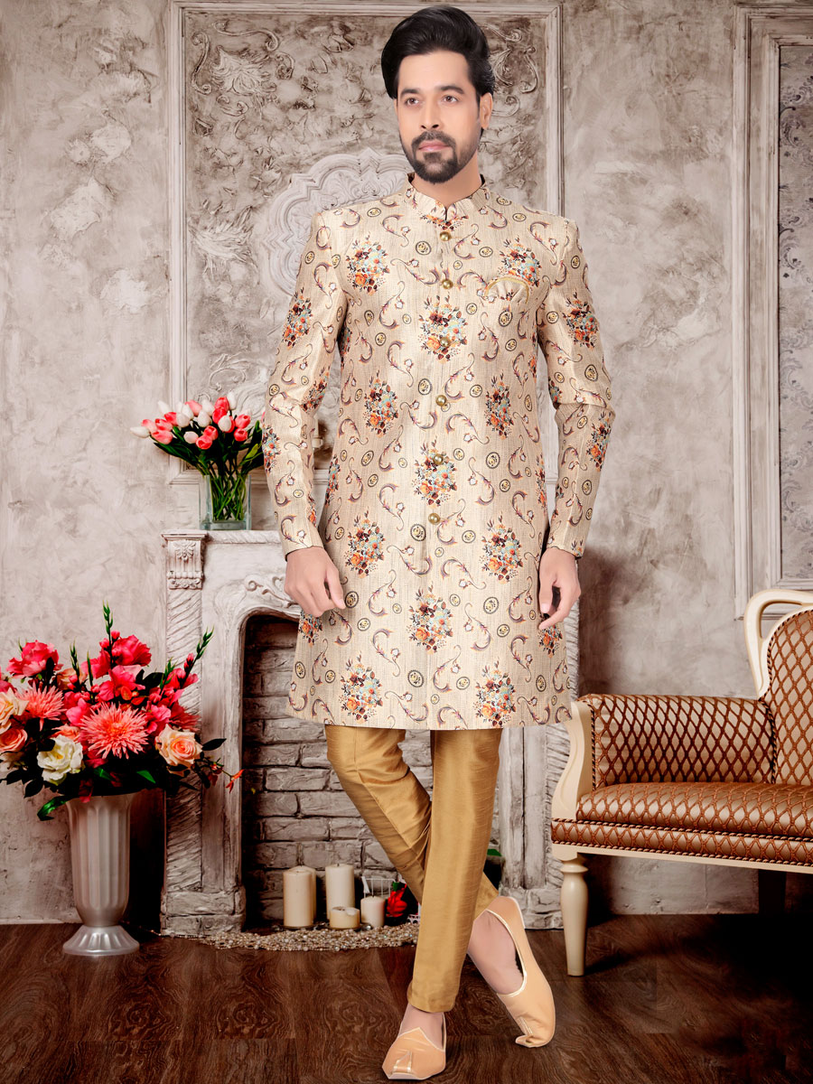 Tan Brown Dupion Silk Printed Festival Sherwani