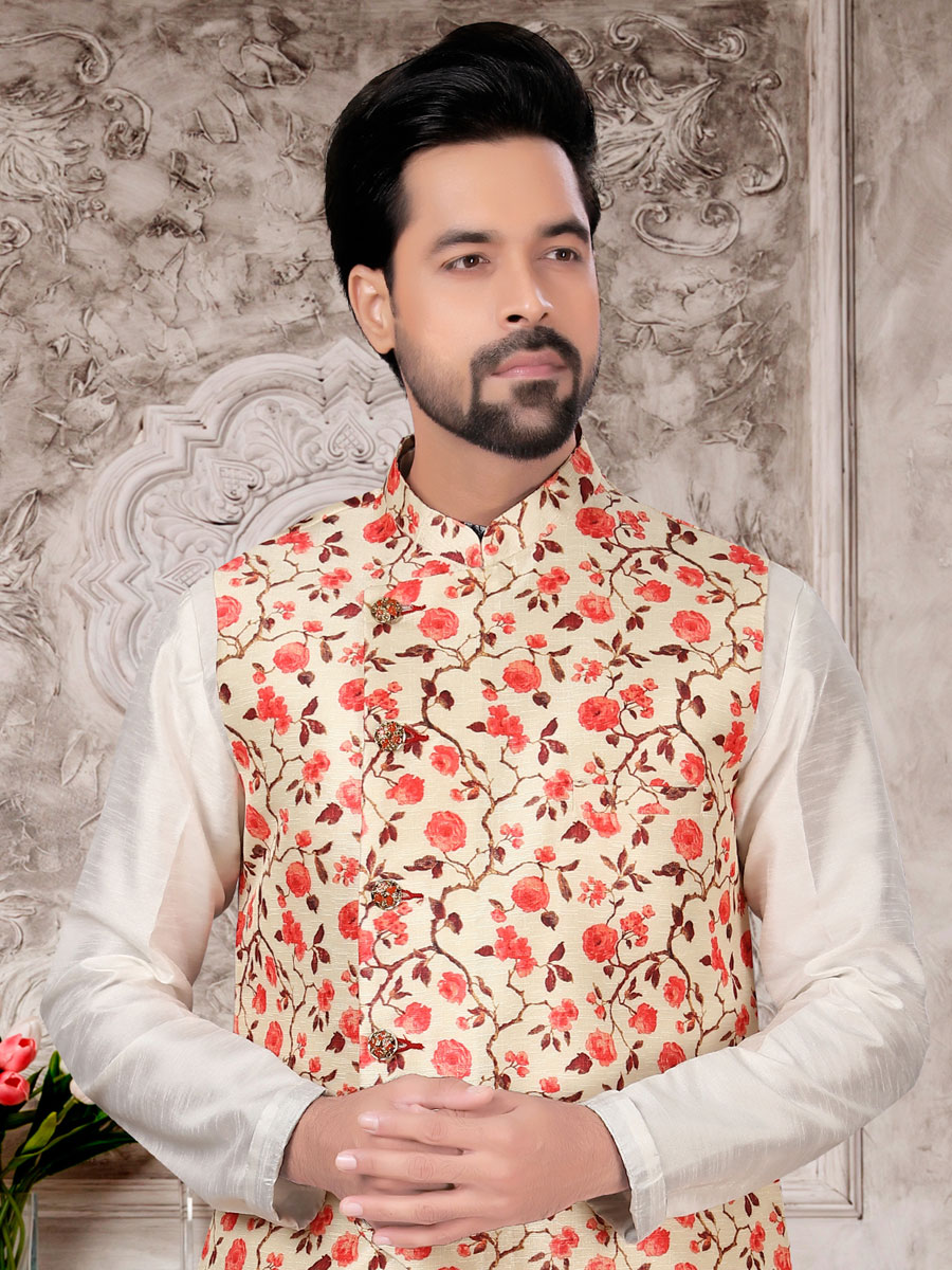 White Dupion Silk Plain Festival Kurta with Waistcoat.