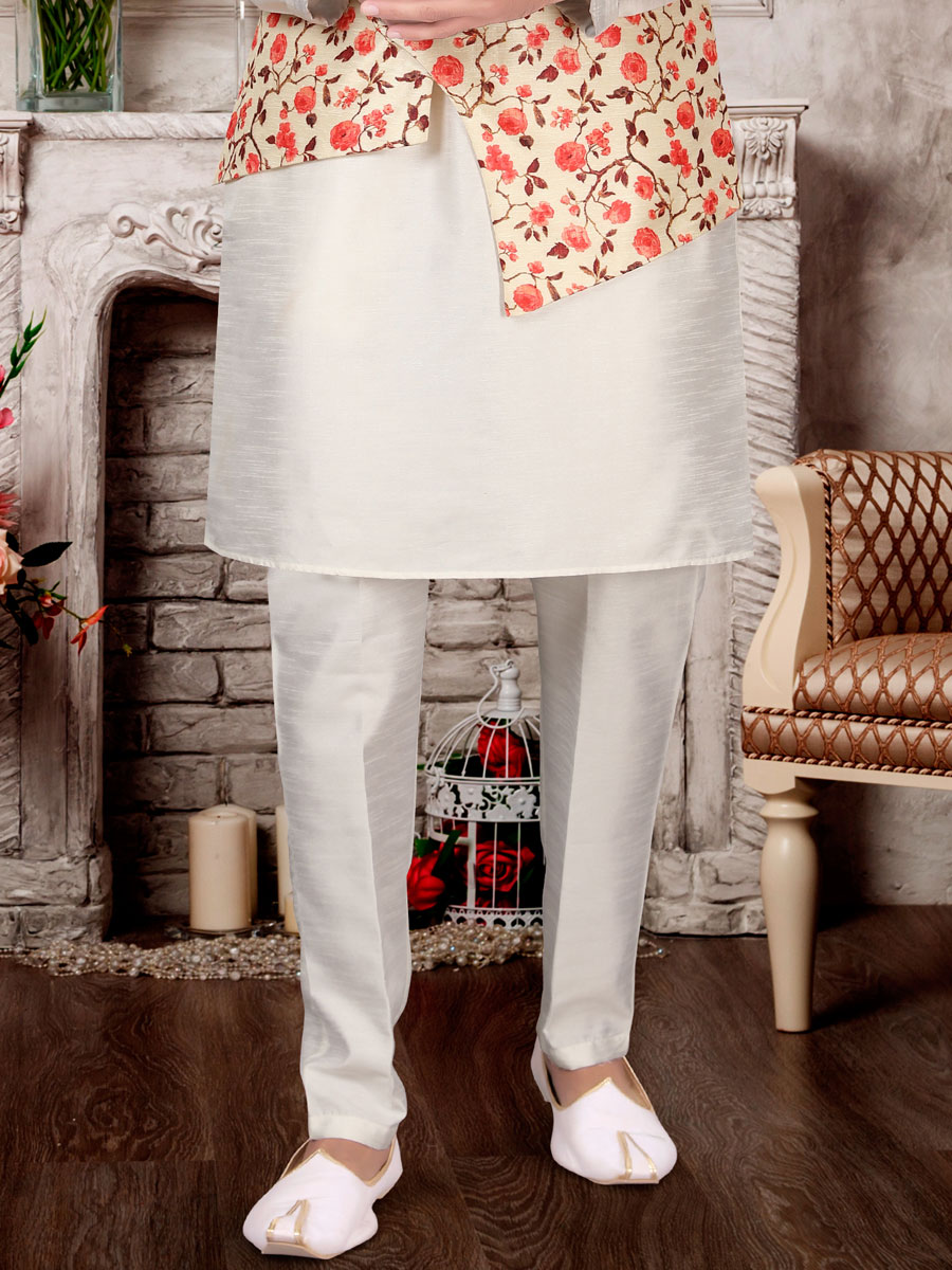 White Dupion Silk Plain Festival Kurta with Waistcoat.