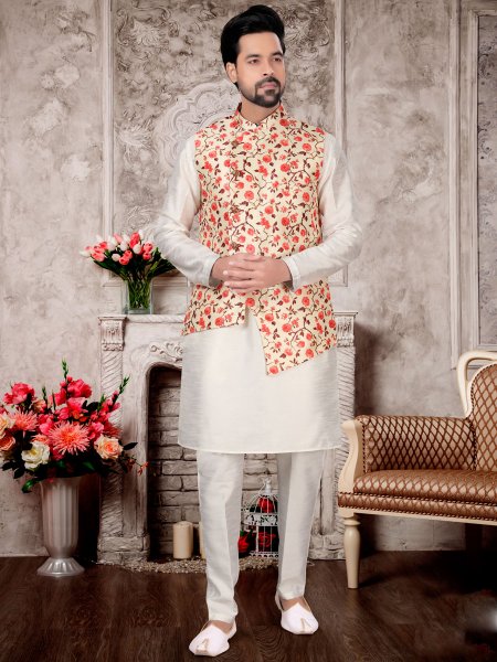 White Dupion Silk Plain Festival Kurta with Waistcoat.