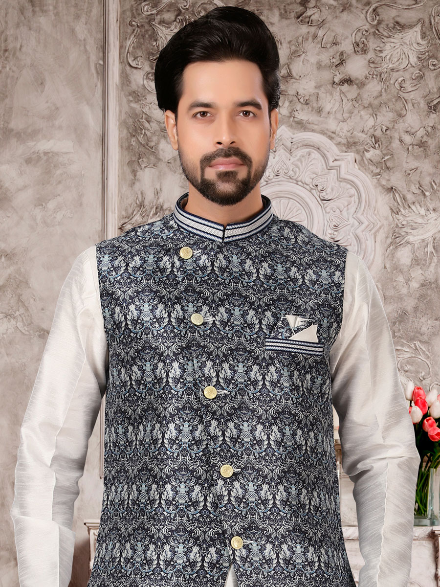 White Dupion Silk Plain Festival Kurta with Waistcoat