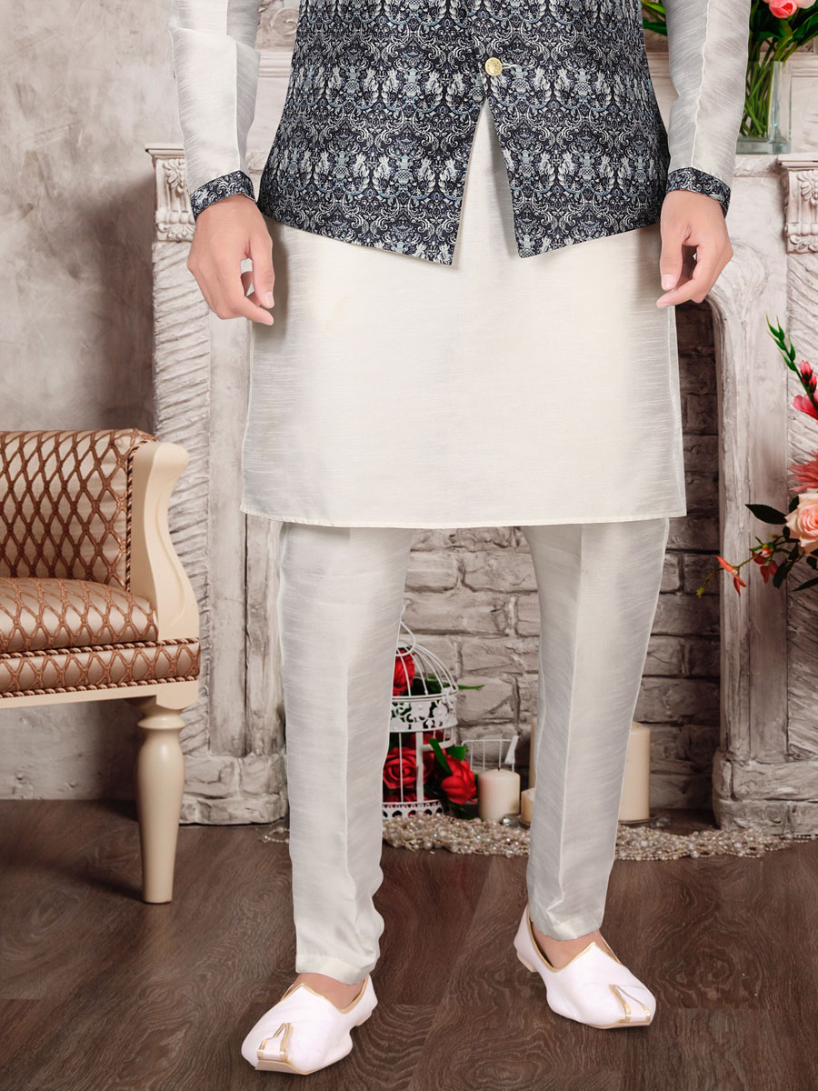 White Dupion Silk Plain Festival Kurta with Waistcoat