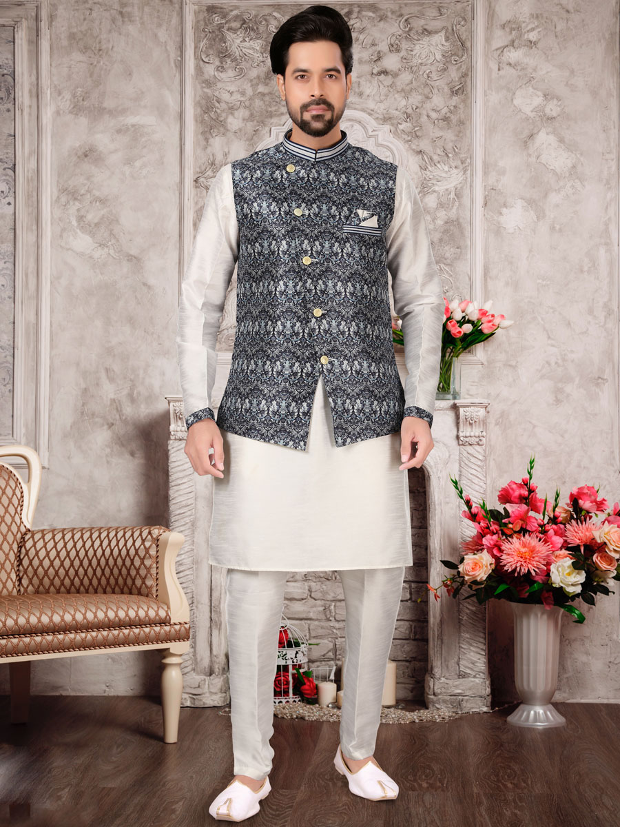 White Dupion Silk Plain Festival Kurta with Waistcoat