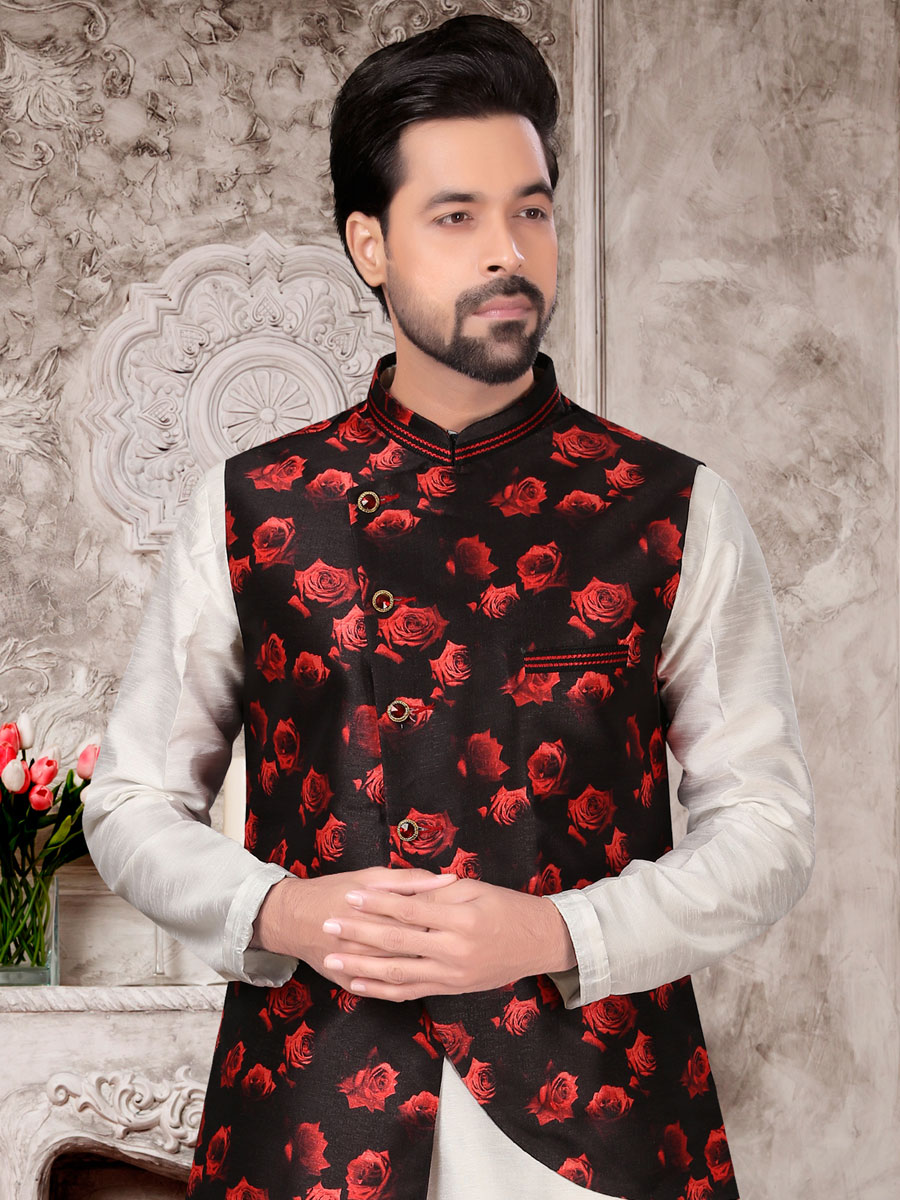 White Dupion Silk Plain Festival Kurta with Waistcoat