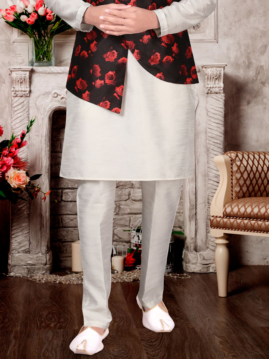 White Dupion Silk Plain Festival Kurta with Waistcoat