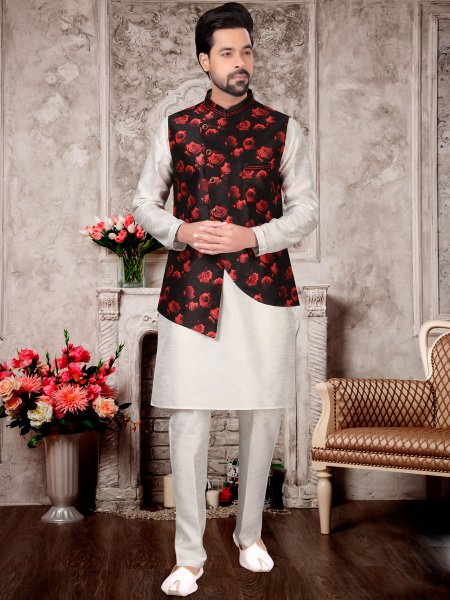 White Dupion Silk Plain Festival Kurta with Waistcoat