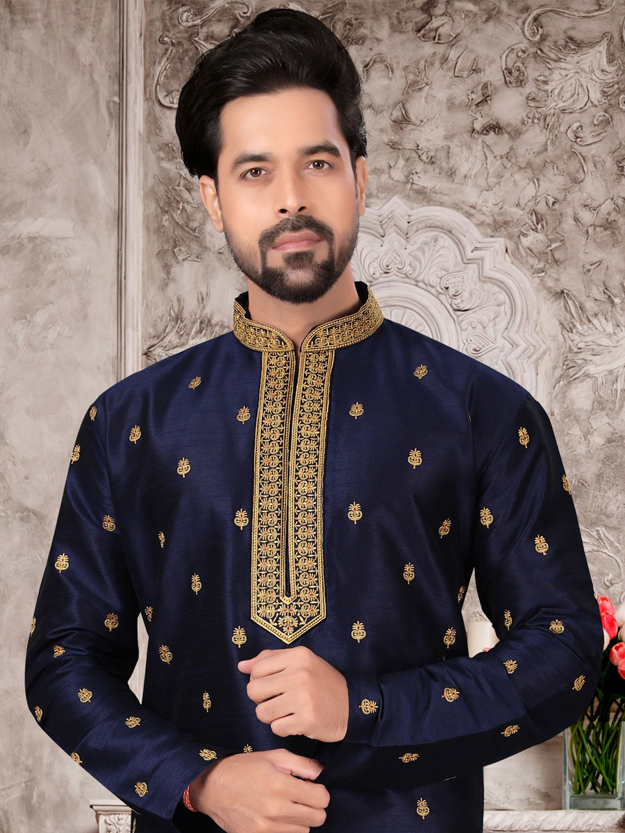 Sapphire Blue Dupion Silk Handwoven Festival Kurta.