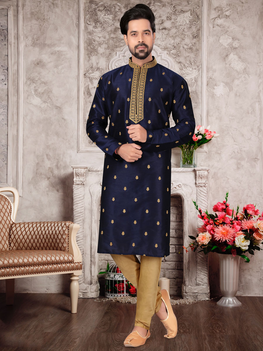Sapphire Blue Dupion Silk Handwoven Festival Kurta.