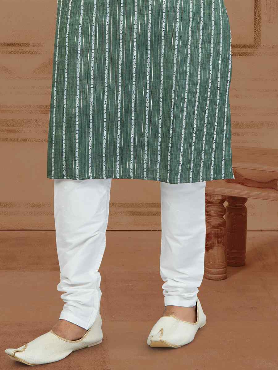 Green Linen Cotton Printed Festival Mens Kurta