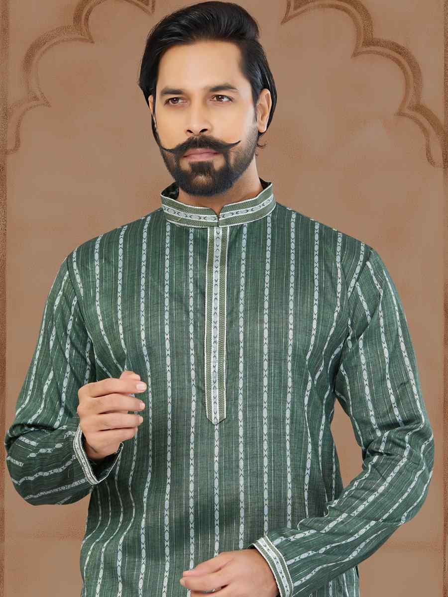 Green Linen Cotton Printed Festival Mens Kurta