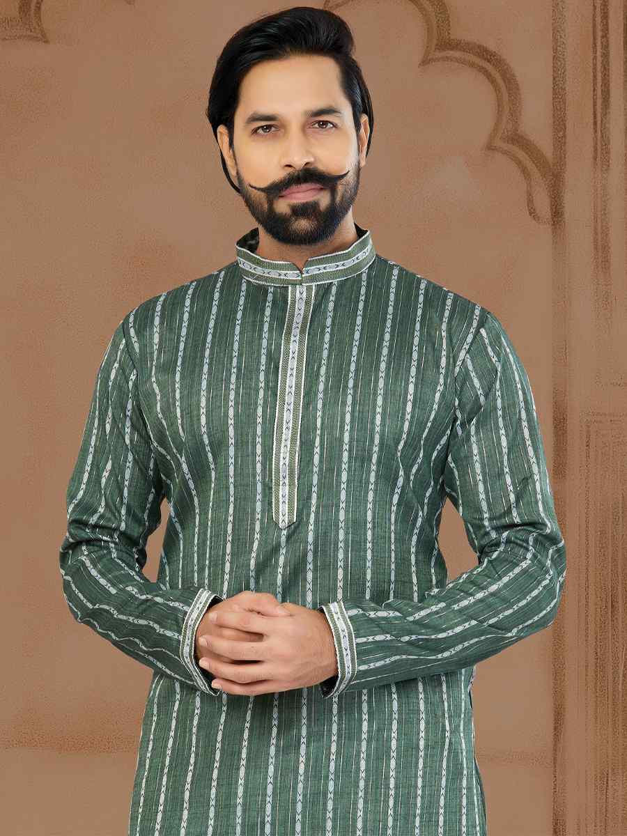 Green Linen Cotton Printed Festival Mens Kurta