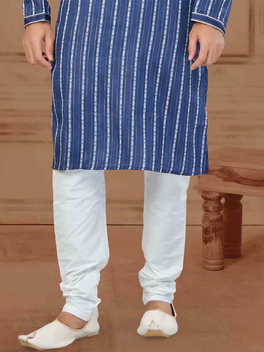 Blue Linen Cotton Printed Festival Mens Kurta