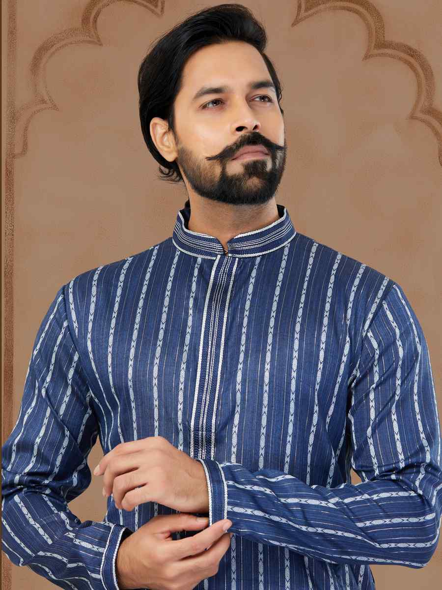 Blue Linen Cotton Printed Festival Mens Kurta