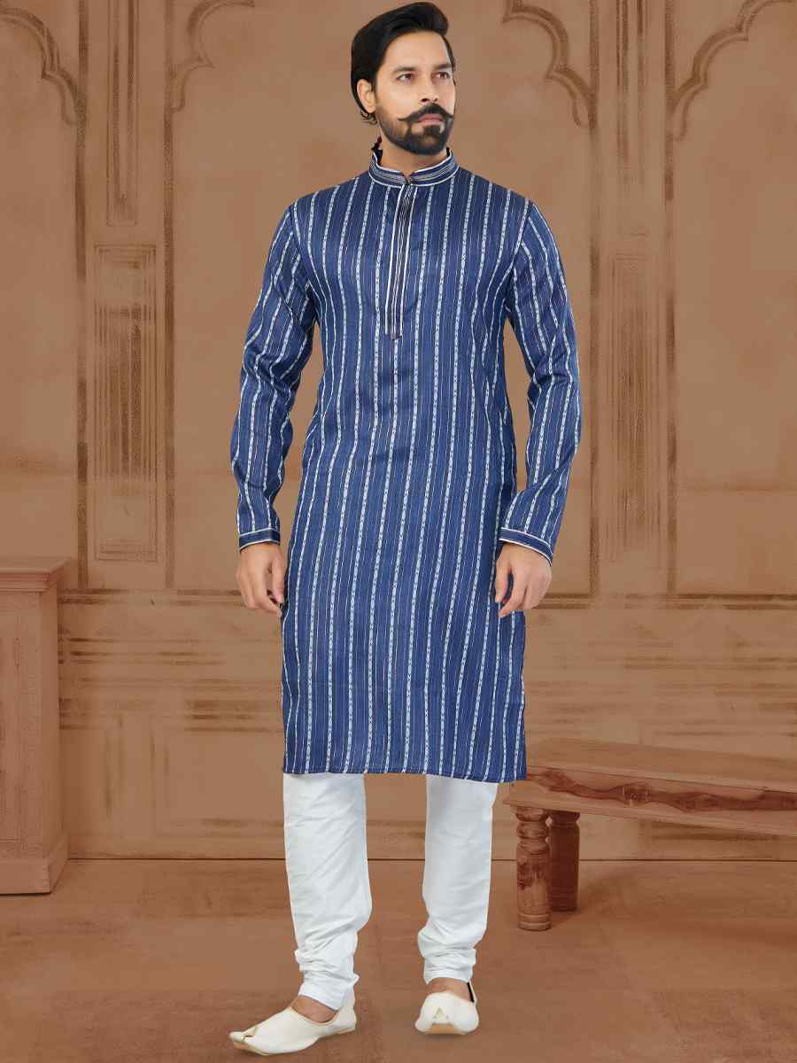 Blue Linen Cotton Printed Festival Mens Kurta